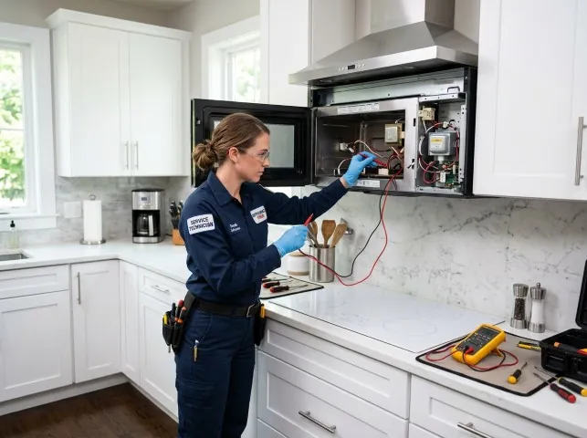 Appliance Repair Hero technician testing an over-the-range microwave in a Bartlett, IL kitchen