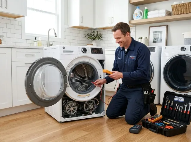 Appliance Repair Hero technician testing a front-load washer with a multimeter on a Bartlett, IL service call